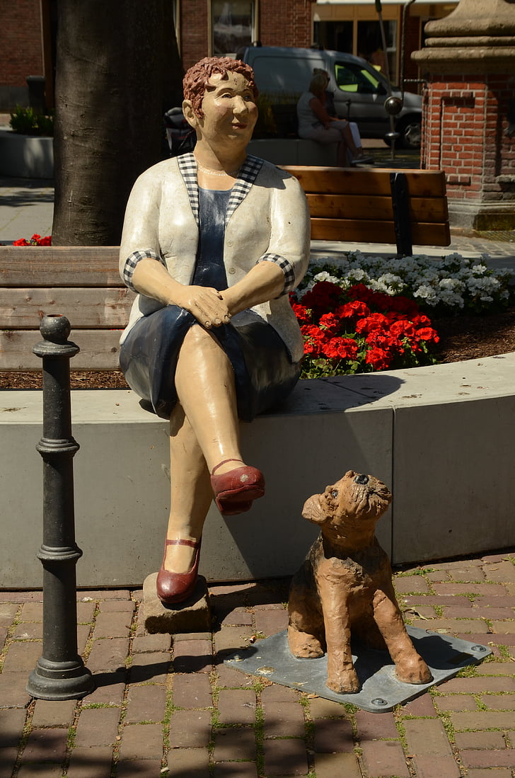 image, statue de, femme, chien, bande dessinée, s’asseoir, reste