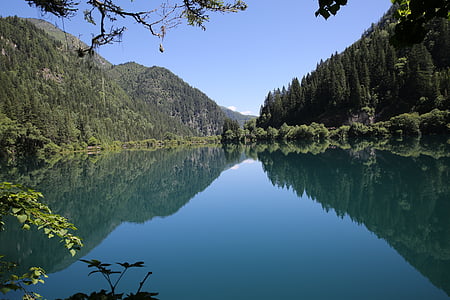 reflection, water, jiuzhaigou, nature, lake, mountain, tree