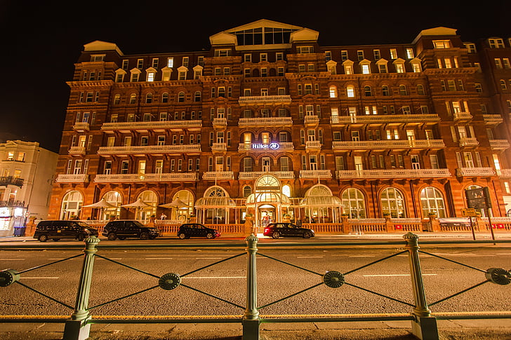 Hotel, gebouw, Brighton, nacht