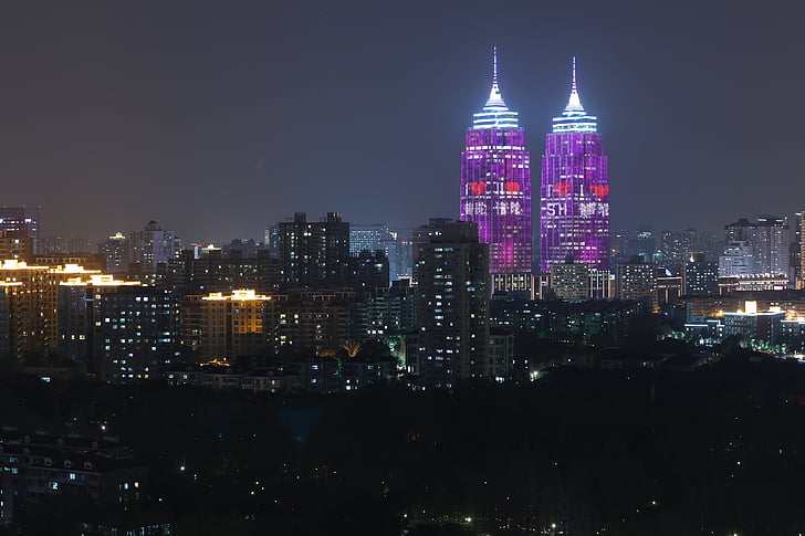 město, pohled, Twin, věže, Šanghaj, noční, světlo