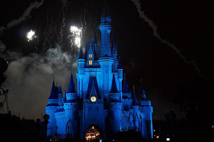 Castell, assignada, efectes especials, nit, llums, Disney, focs artificials