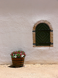 okno, ściana, bielone, kwiaty, Beczka, na zewnątrz, Dom