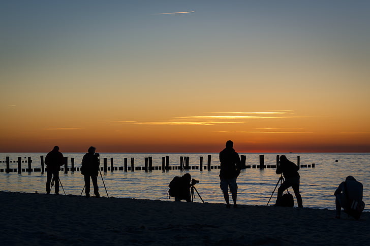 Pantai, matahari terbenam, fotografer, laut, Laut Baltik, air, langit malam