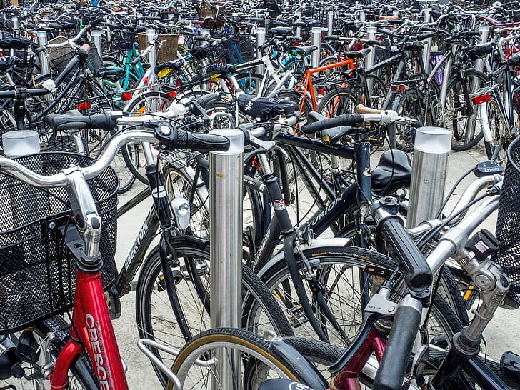 cykel, cykel, cyklist, parkering, parkerade, transport, medium