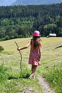 person, human, child, girl, hiking, trail, meadow