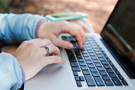 hands, laptop, computer, typing, keyboard, internet, woman