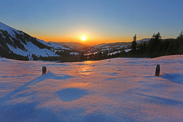 landschap, Bergen, natuur, sneeuw, zon, zonsopgang, zonsondergang