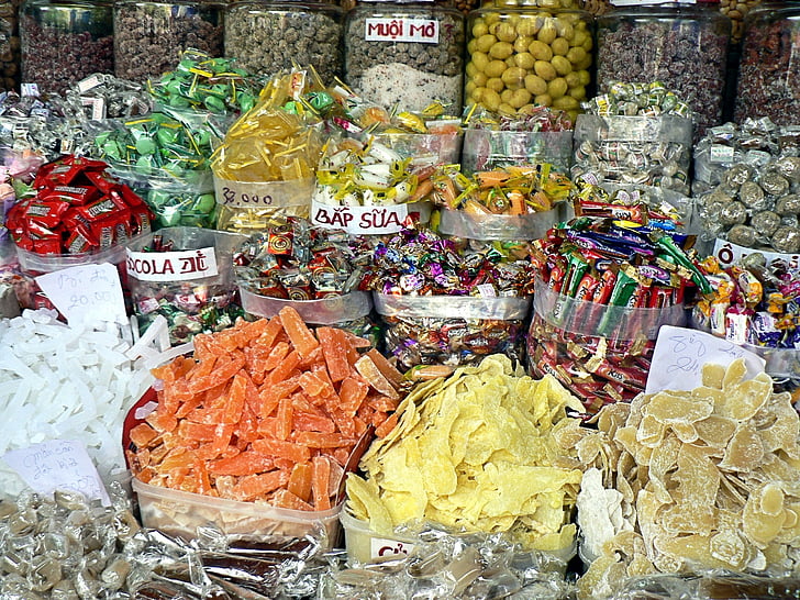 Vietnam, Piata, dulciuri, produse alimentare, stand de piaţă