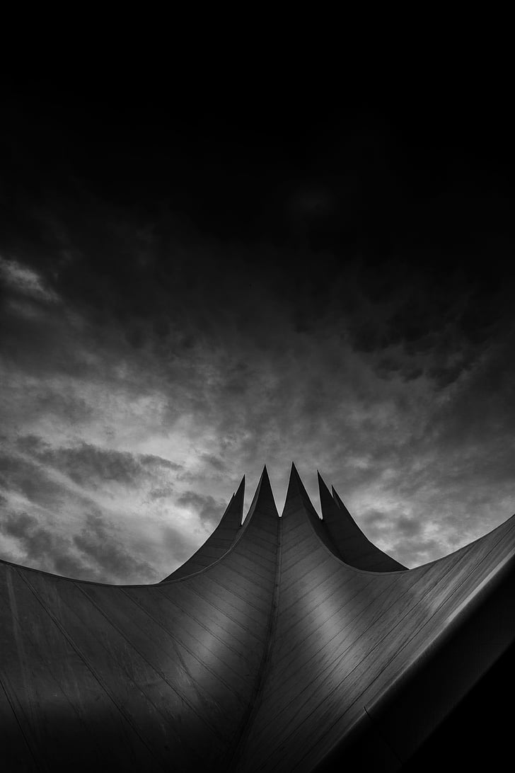 architecture, building, infrastructure, cloud, sky, black and white, roof