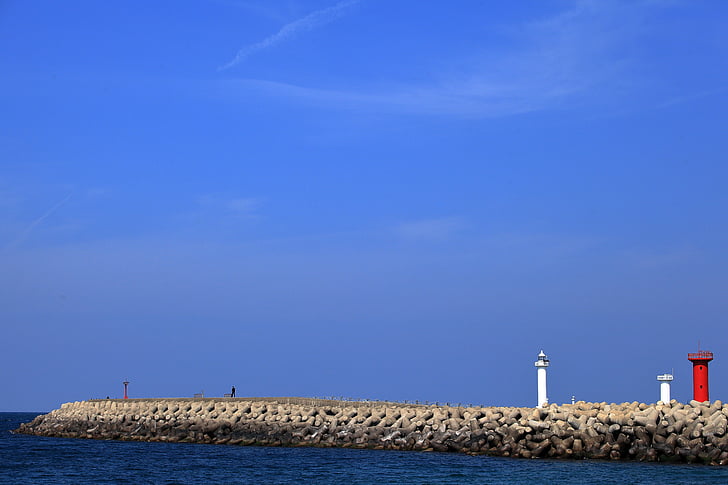 sea, sky, lighthouse, breakwater, jeju island