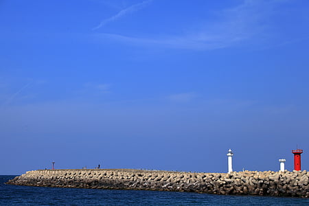海, 空, 灯台, 防波堤, 韓国済州島