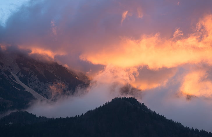 clouds, sky, aerial, mountain, sunset, fog, trees