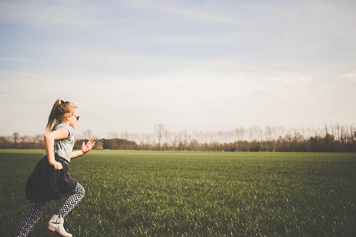 woman, running, green, grass, field, daytime, photo