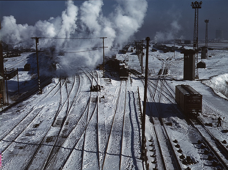Railroad yard, vinter, snö, kalla, tåg, landskap, industriella
