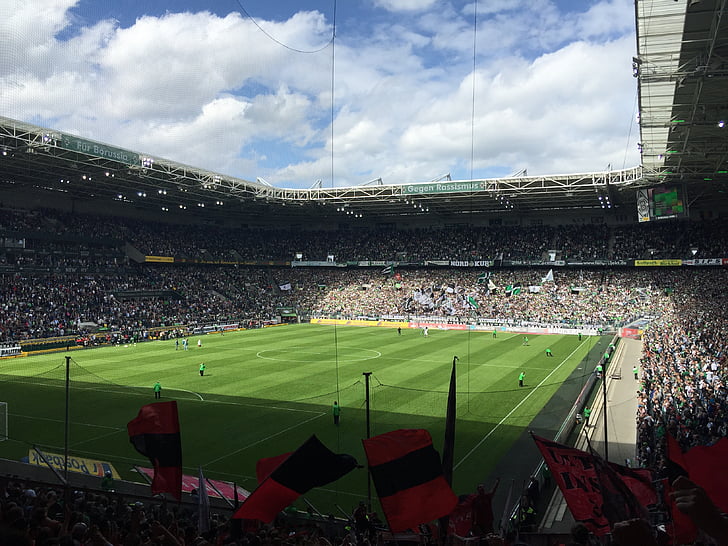 Futbolas, stadionas, ventiliatoriai, žiūrovai, Mönchengladbach, Vokietija, Borussia