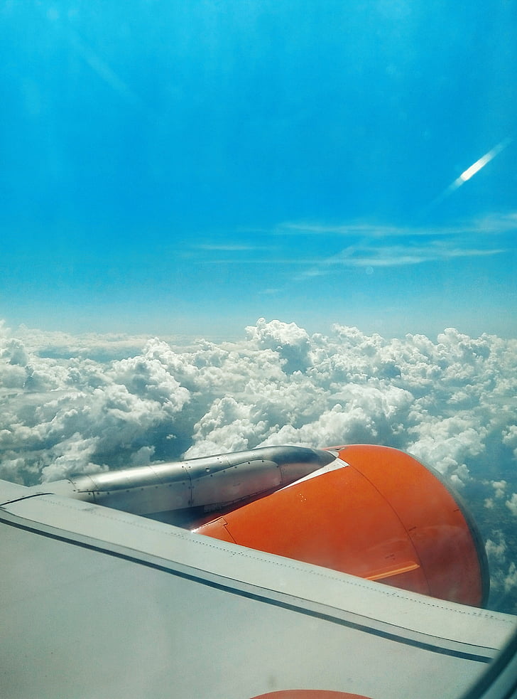 engine, aircraft, flight, sky, travel, easyjet, clouds