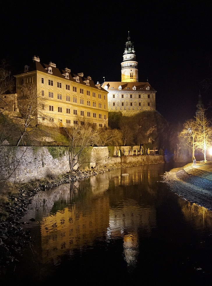 Čekijos krumlov, Čekijos Respublika, pilis, paminklas, UNESCO, naktį, Pietų Bohemijos