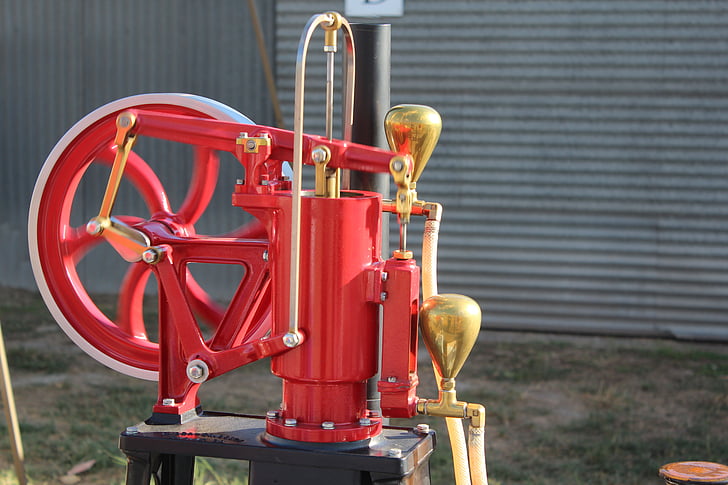 jeden cylinder, silnik, Maszyny, Vintage, antyk, stary, czerwony