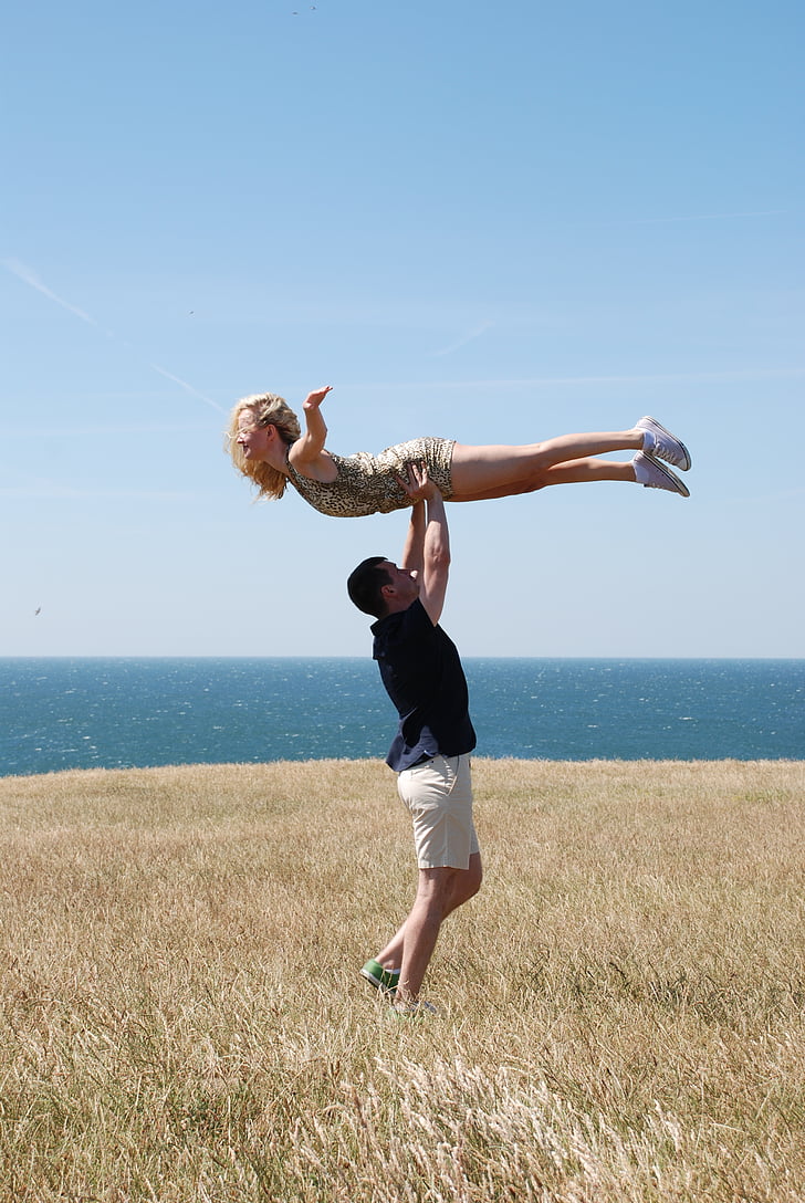 akroyoga, sea, truck, flying, pose, couple, love
