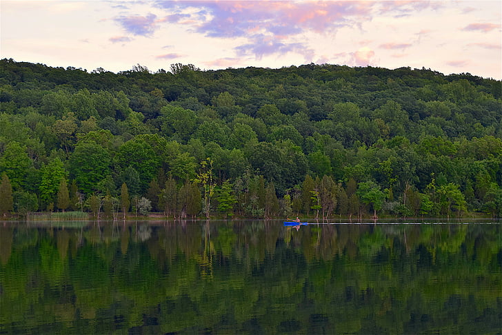 kayak, lake, twilight, park, mountain, forest, water