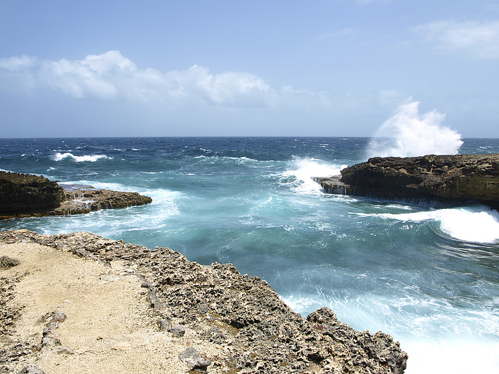 sea, caribbean, rock, wave, coast, rau, swell
