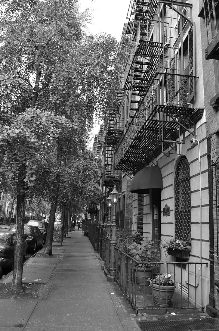 Ulica, Nowy Jork, Architektura, Domy, fasady, chodnik, ścieżka