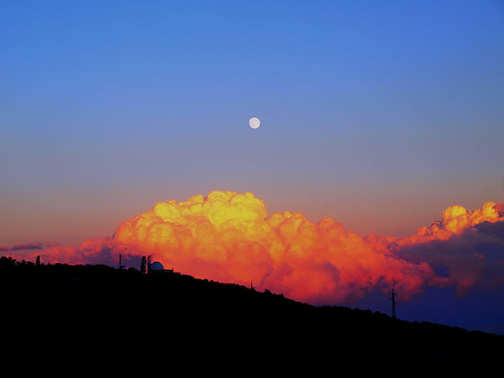 clouds, hill, moon, nature, silhouette, sky