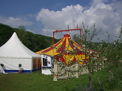 circus tent, circus in the green, tent, colorful, yellow, red, orange