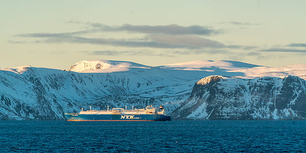 norway, coast, ship, fjord, snow, mountains, scandinavia