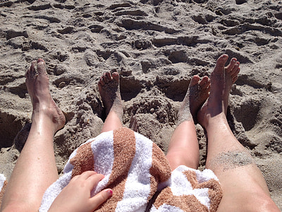plaža, noge, plaža noge, ljeto, majka dijete, priviti