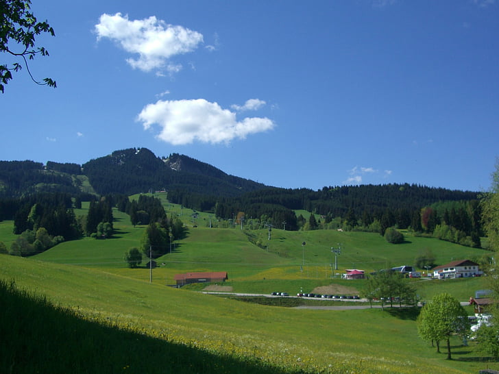 Альпийский указал, Allgäu, alpspitzbahn, Нижняя станция, Нессельванг, Небесно-голубой, облака