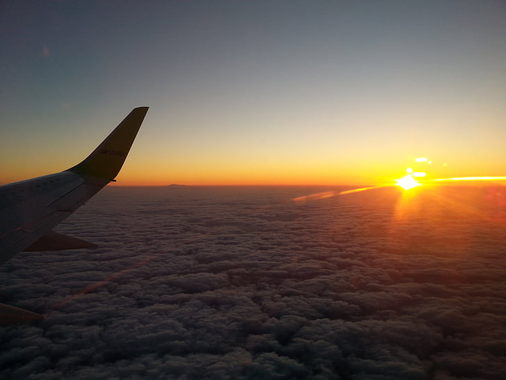 vuelo, vuelo, plano, avión, viajes, salida del sol, puesta de sol