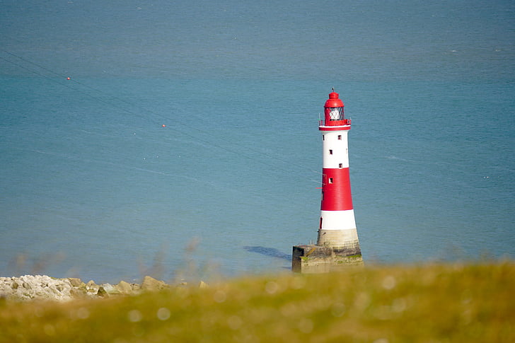 lighthouse, water, lake, red, white, security, sea