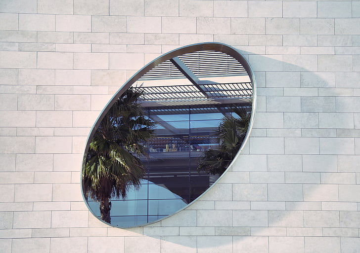 safety, mirror, wall, illusion, palm tree, architecture, reflection