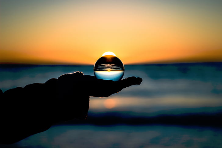 natura, l'aigua, vidre, esfera, posta de sol, horitzó, platja