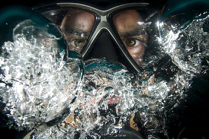 plongeur, plongée, sous l’eau, océan, mer, photographie, Portrait