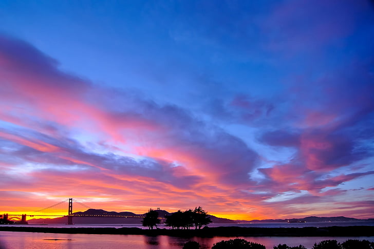 Golden Gate Brücke, Sonnenuntergang, Wahrzeichen, Panorama, landschaftlich reizvolle, bunte, Twilight