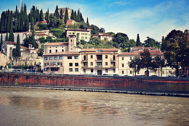 verona, town, italy, river, flowing, hill, architecture