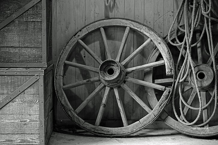 Старий колесо, вагон колесо, чорний білий, колесо, дерево - матеріал, Старий, старомодний