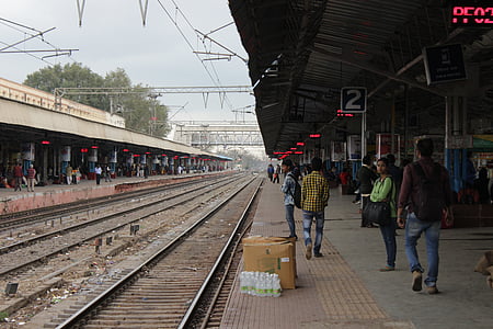 Željeznički, platforma, prijevoz, putnika, čeka, putovanja, putnik