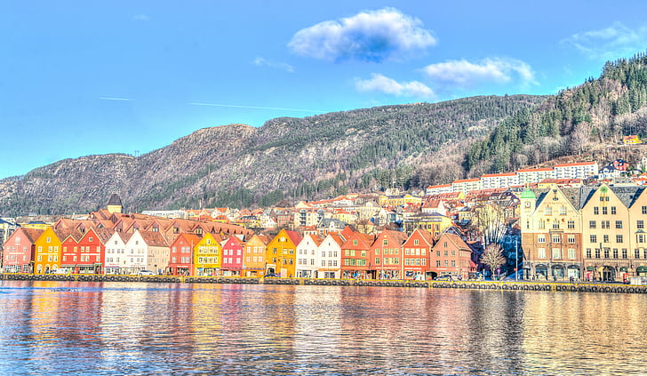 Bergen, Noruega, arquitectura, Puerto, agua, Bryggen, Escandinavia