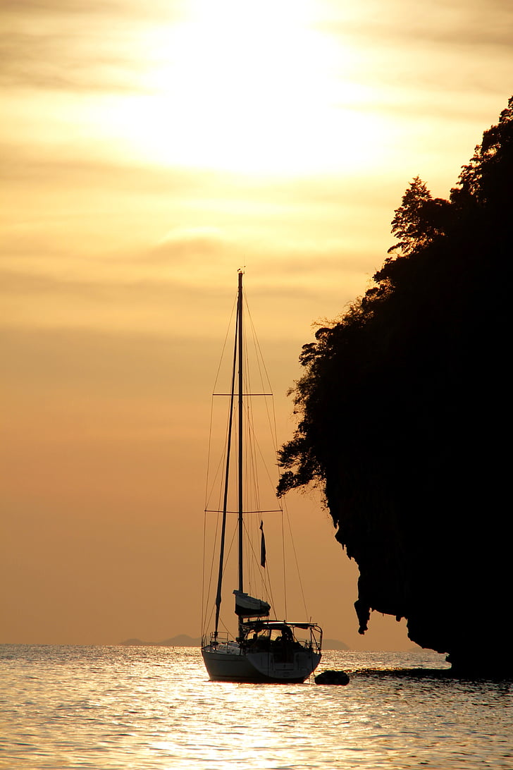 zonsondergang, boot, zeilboot, zee, Mallorca, stemming, water