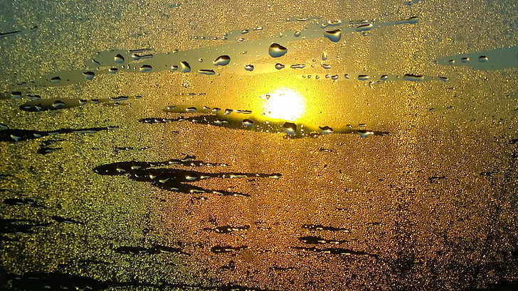 sunrise, rain, abstract, glass, water, drops, window