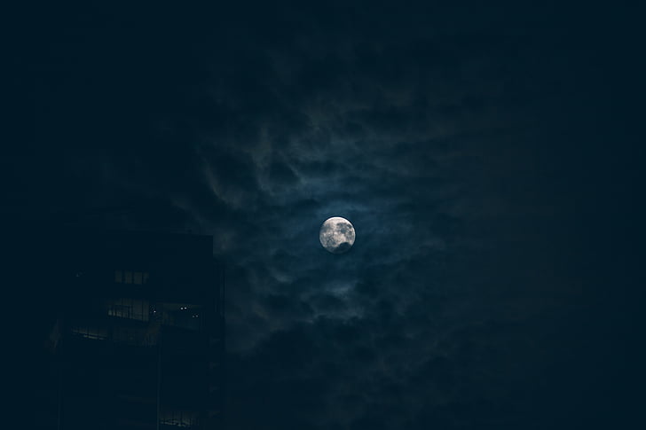 mēness, naktī, debesis, tumša, mākoņi, vakarā