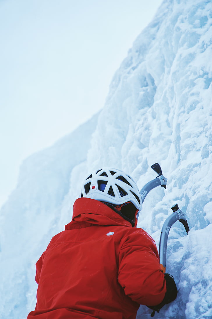 man, red, ski, jacket, white, helmet, climbing