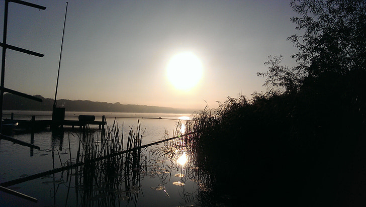 сутрин, езеро, слънце, вода, пейзаж, отражение, лято