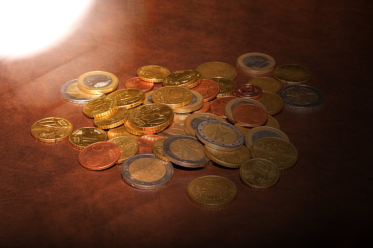 mince, eura, drobné, kov, specie, světlo