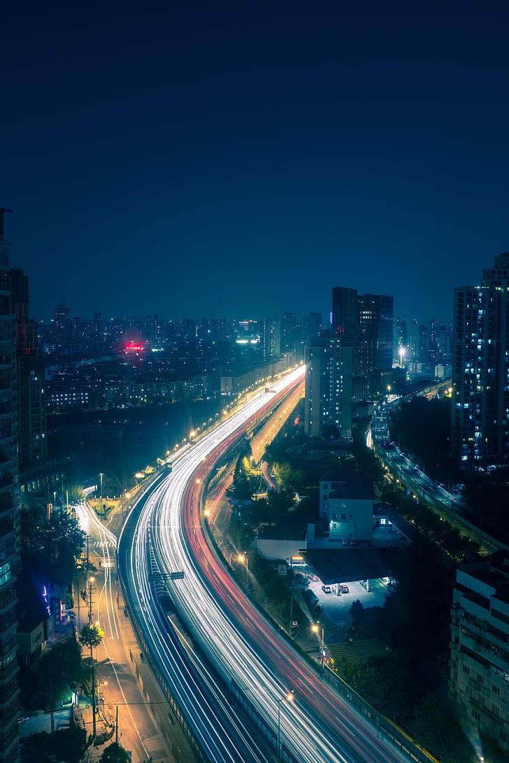 shanghai, street, traffic, night, lights, cars, driveway