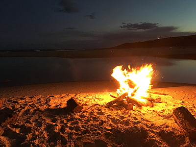 eld, stranden, kusten, sommar, Flame, Sand, trä