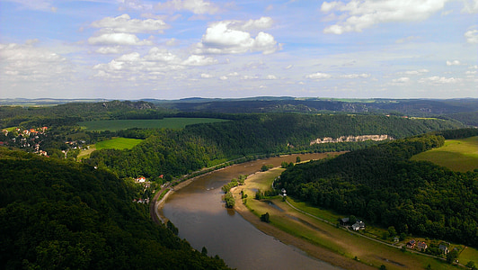 Elbe, Elbe βουνά ψαμμίτη, Σαξονία, τοπίο του ποταμού, Königstein, τοπίο